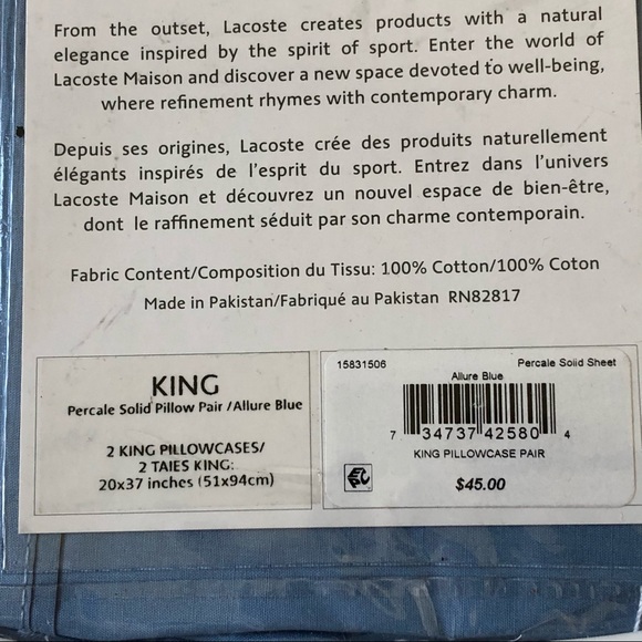 LACOSTE CAMEO ALLURE BLUE KING PILLOWCASES. 2. NEW - Picture 4 of 5